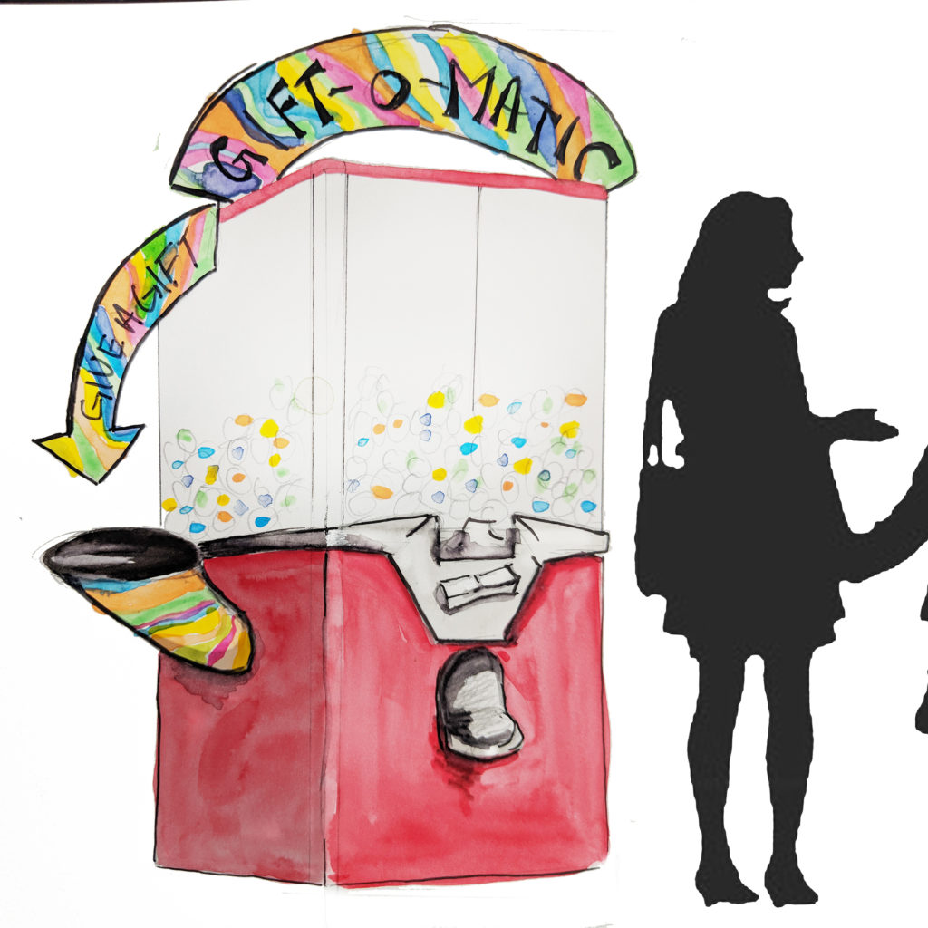 sketch of Gift-o-Matic with woman for scale.